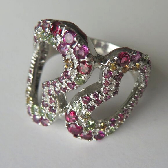 Double Heart Rhodolite Garnet Peridot Gemstone 925 Sterling Silver Ring Size 9 - Picture 10 of 15